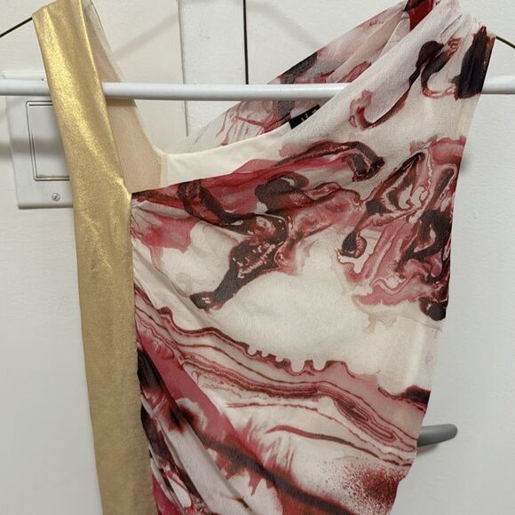 Jean Paul Gaultier Soleil 90’s Mesh Ruched Dress with Gold & Abstract Pattern. - Picture 2 of 9